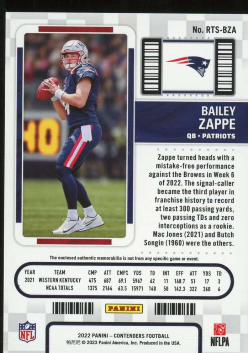 Bailey Zappe rookie Card 2022 Panini Contenders Rookie Ticket Swatches #4  Image 2