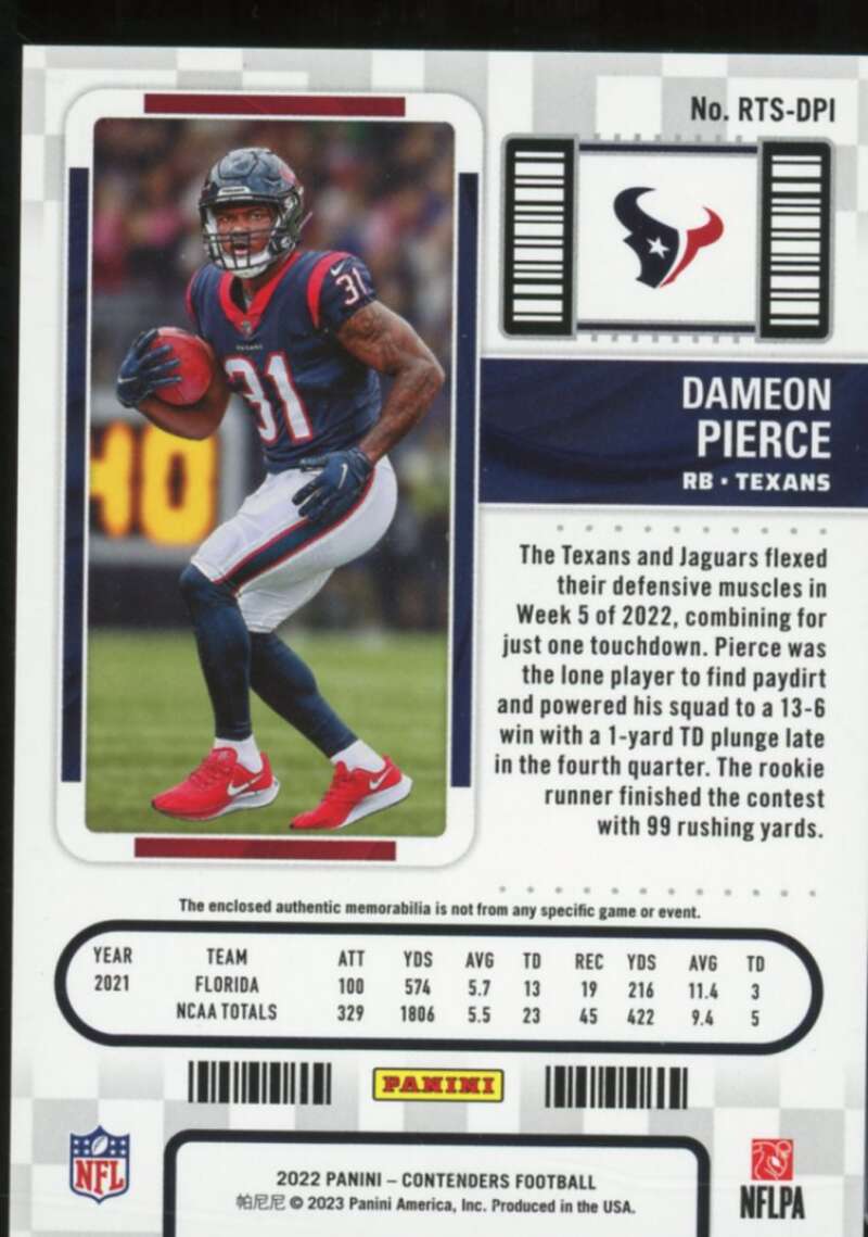 Dameon Pierce rookie Card 2022 Panini Contenders Rookie Ticket Swatches #11  Image 2