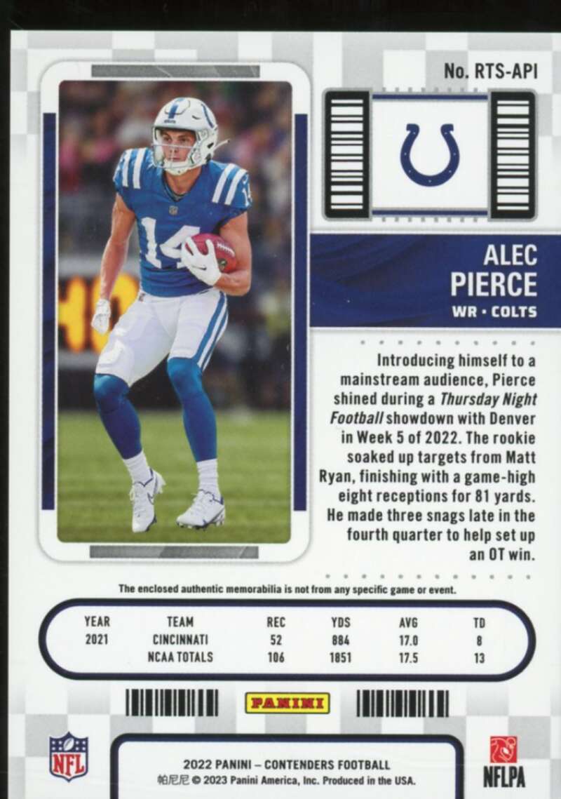 Alec Pierce rookie Card 2022 Panini Contenders Rookie Ticket Swatches #3  Image 2