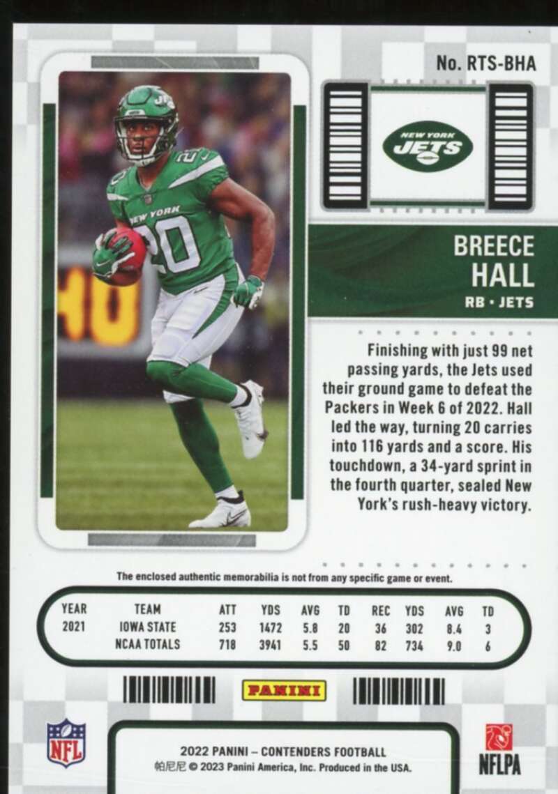 Breece Hall rookie Card 2022 Panini Contenders Rookie Ticket Swatches #5  Image 2