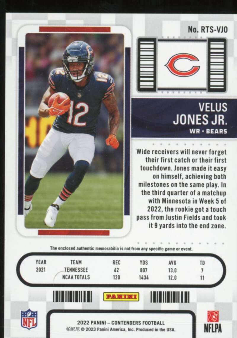 Velus Jones Jr. rookie Card 2022 Panini Contenders Rookie Ticket Swatches #40  Image 2