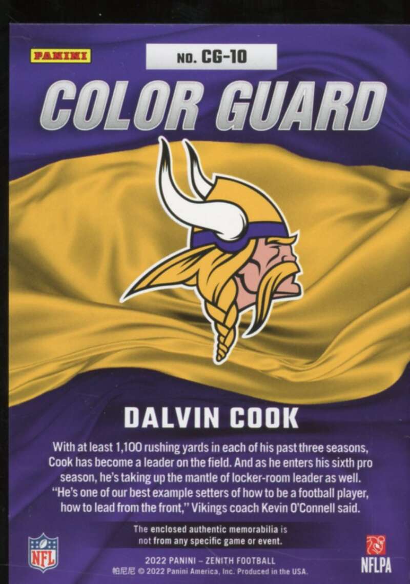 Dalvin Cook Card 2022 Zenith Color Guard Materials #10  Image 2