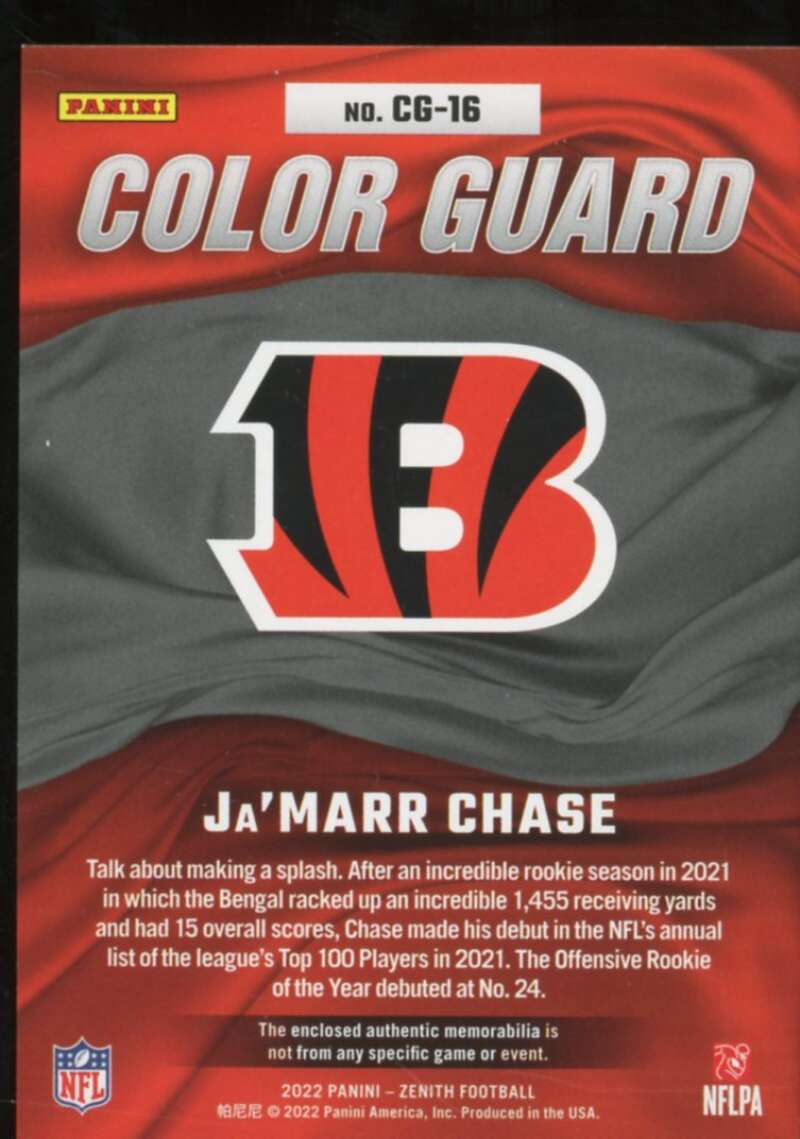 Ja'Marr Chase Card 2022 Zenith Color Guard Materials #16  Image 2