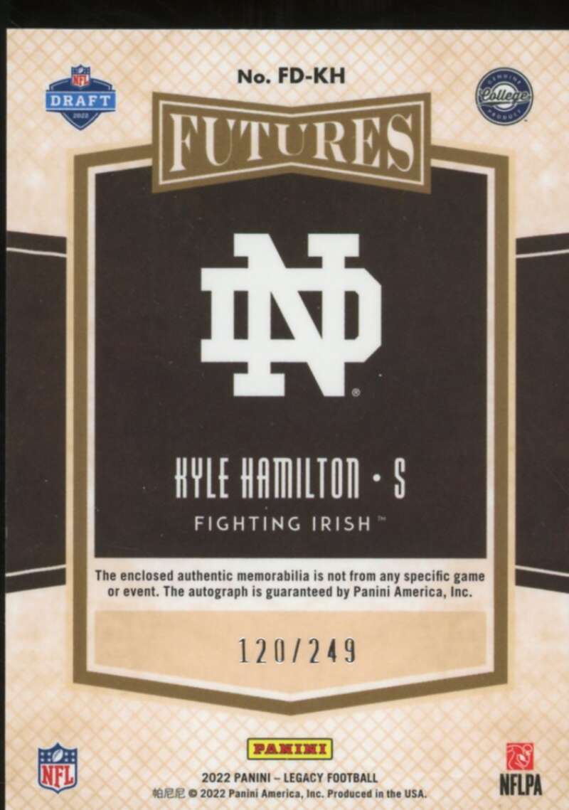 Kyle Hamilton Rookie Card 2022 Panini Legacy Futures Dual Patch Autographs #29  Image 2