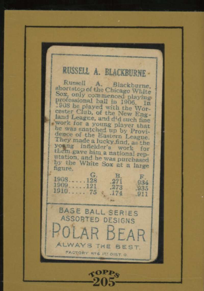 Russ Blackburne Card 2003 Topps 205 1911 T205 Gold Border #21  Image 2
