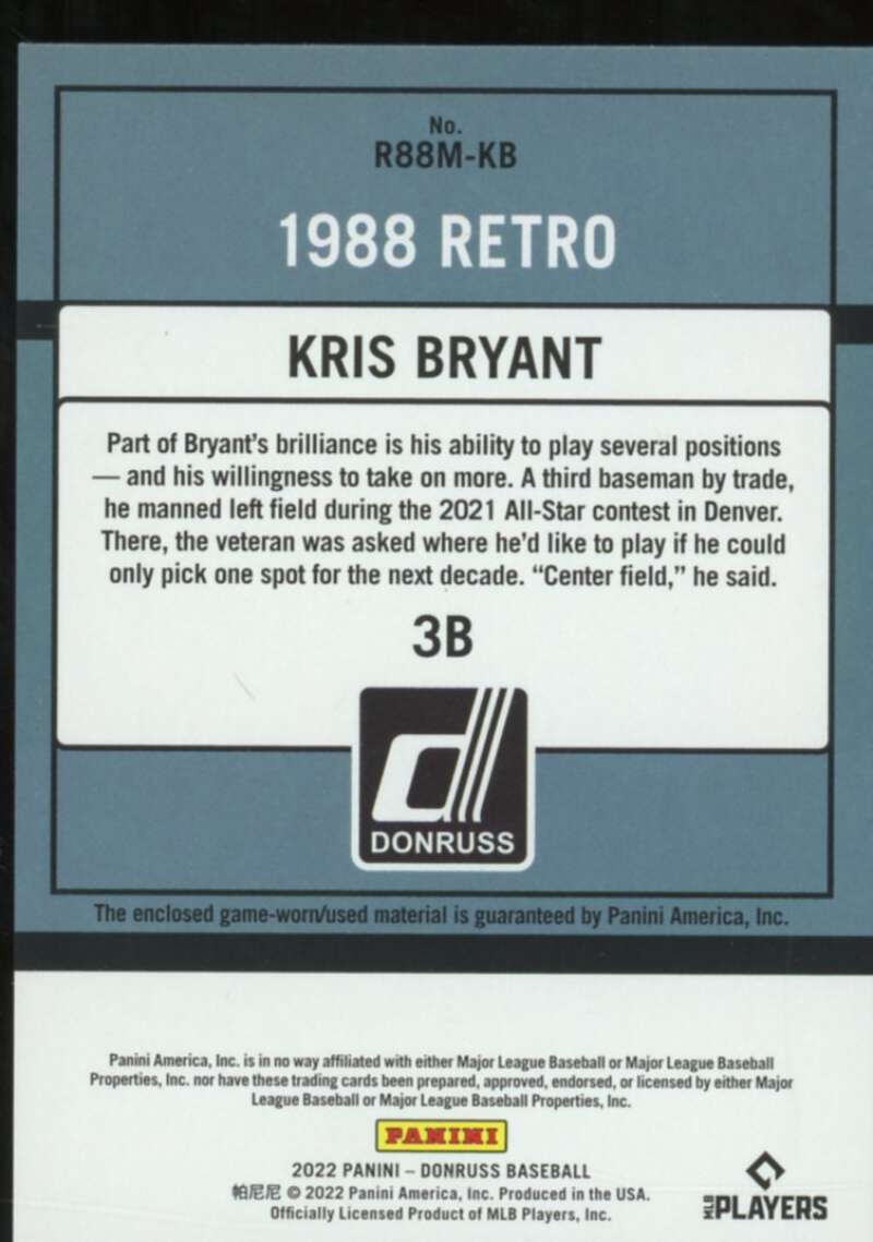 Kris Bryant Card 2022 Donruss Retro '88 Materials #15  Image 2