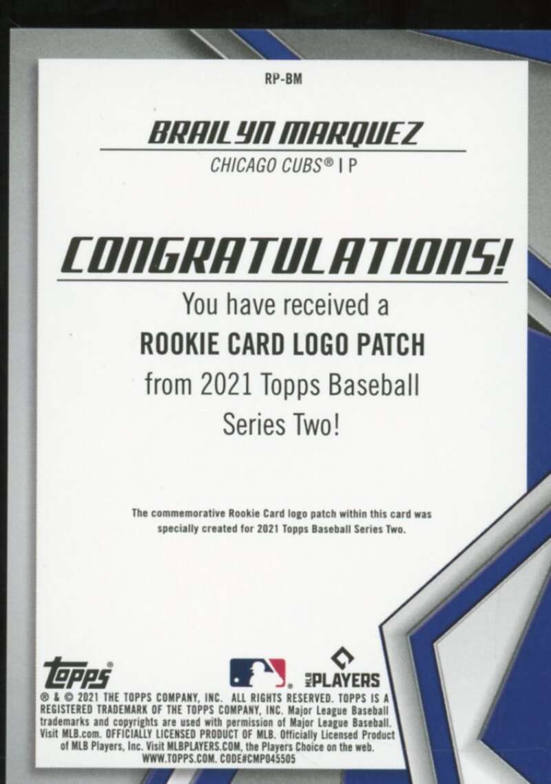 Brailyn Marquez Rookie Card 2021 Topps Rookie Card Patches #RPBM  Image 2