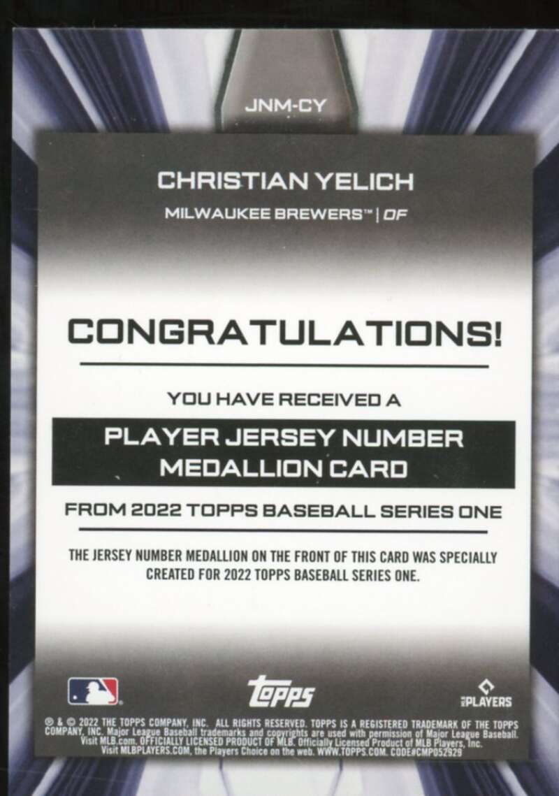 Christian Yelich 2022 Topps Commemorative Player Jersey Number Medallions #JNMCY  Image 2