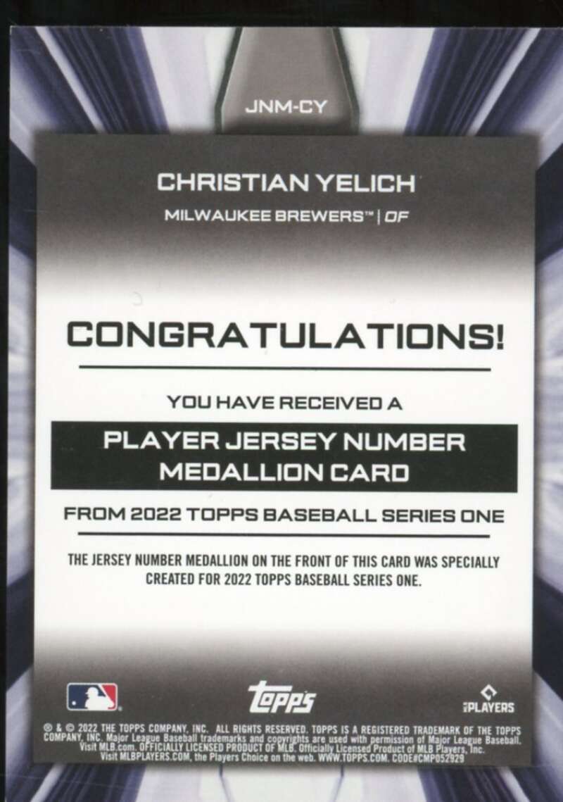 Christian Yelich 2022 Topps Commemorative Player Jersey Number Medallions #JNMCY  Image 2