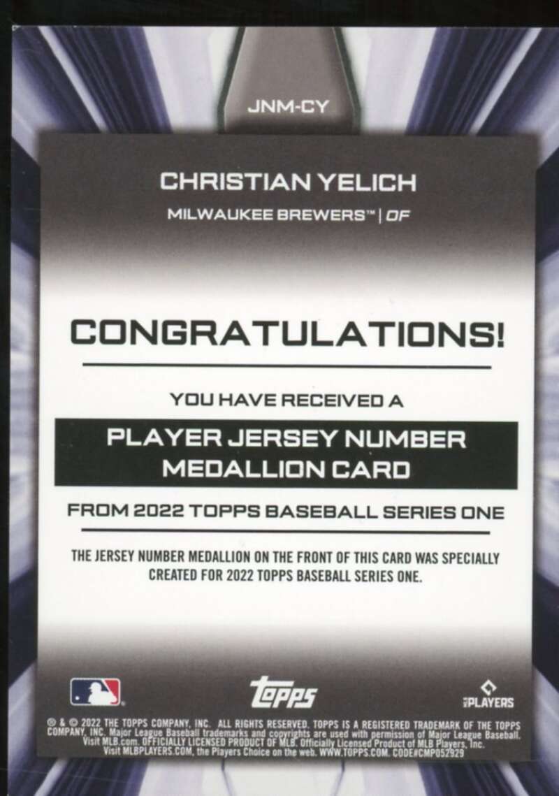Christian Yelich 2022 Topps Commemorative Player Jersey Number Medallions #JNMCY  Image 2