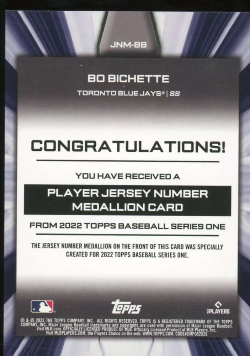 Bo Bichette 2022 Topps Commemorative Player Jersey Number Medallions #JNMBB  Image 2