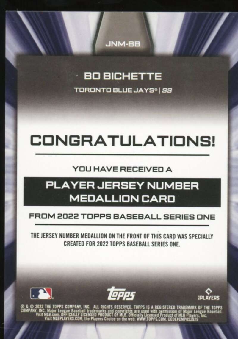 Bo Bichette 2022 Topps Commemorative Player Jersey Number Medallions #JNMBB  Image 2