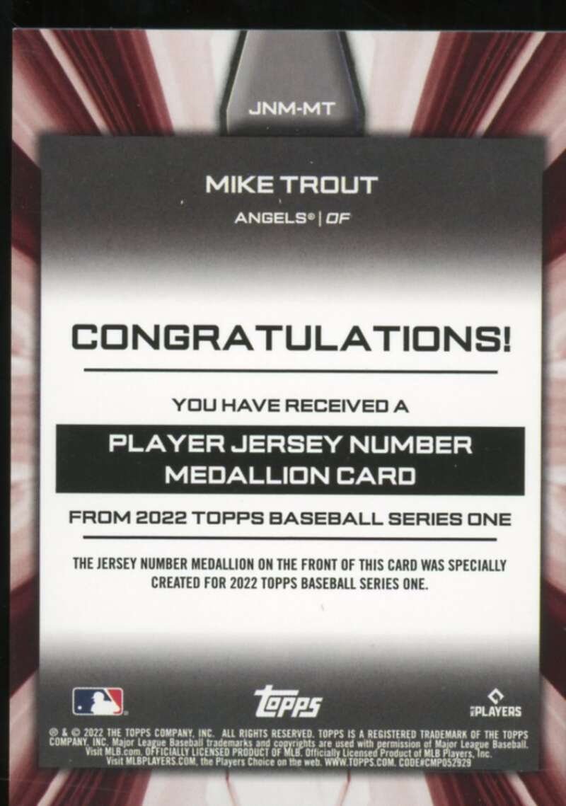 Mike Trout Card 2022 Topps Commemorative Player Jersey Number Medallions #JNMMT  Image 2