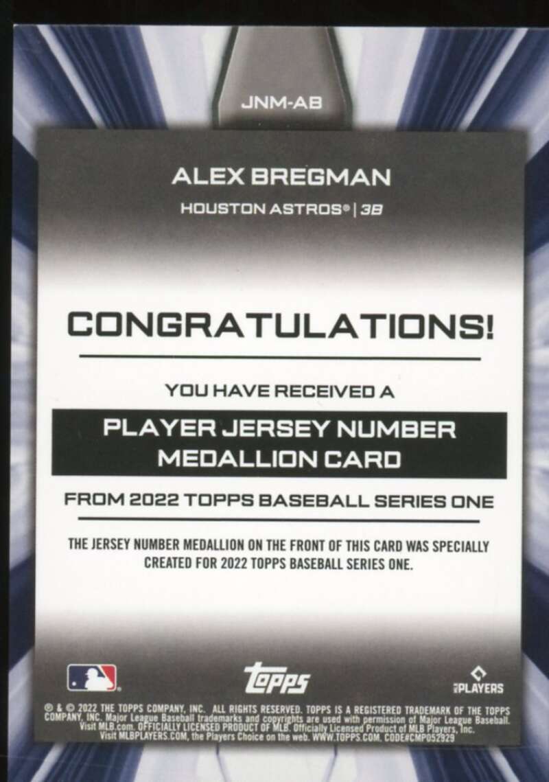 Alex Bregman 2022 Topps Commemorative Player Jersey Number Medallions #JNMAB  Image 2