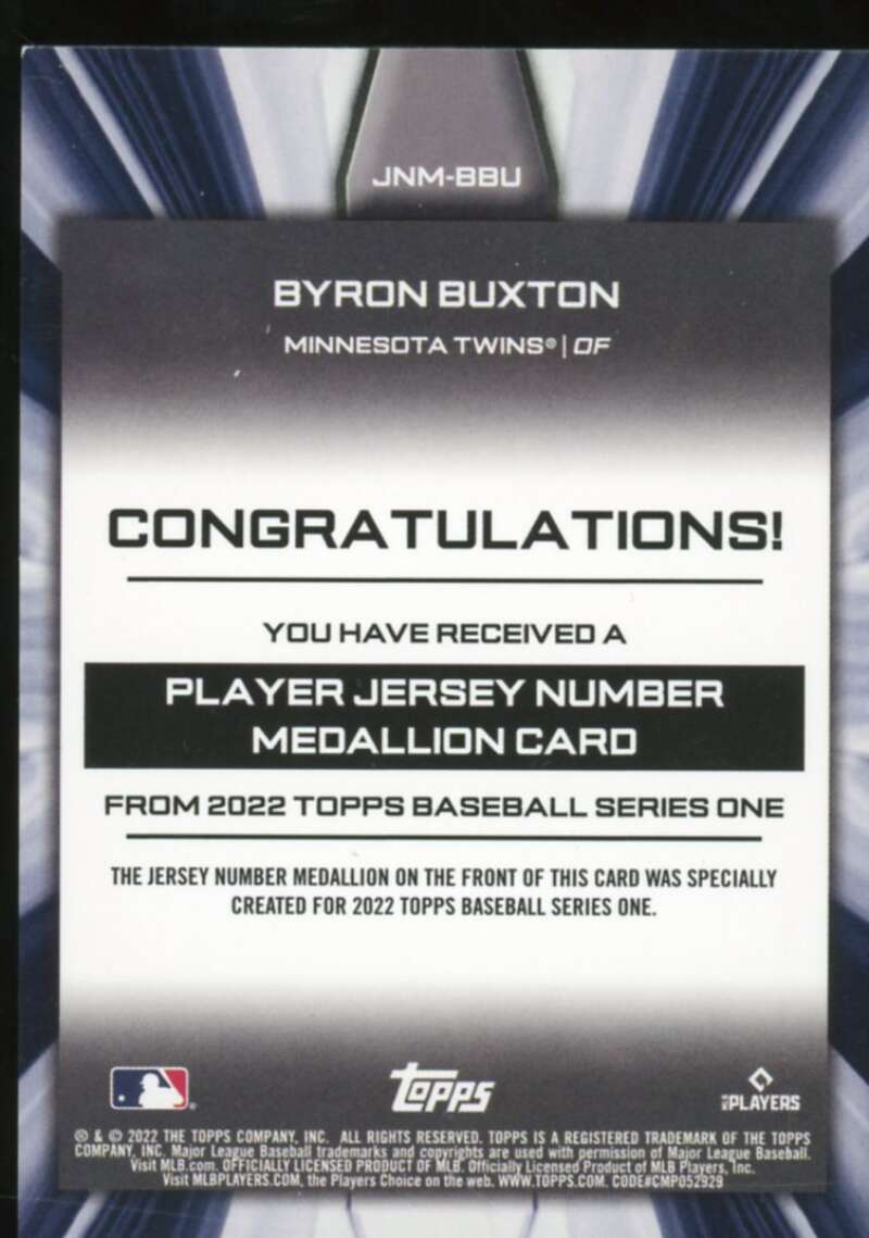 Byron Buxton 2022 Topps Commemorative Player Jersey Number Medallions #JNMBBU  Image 2