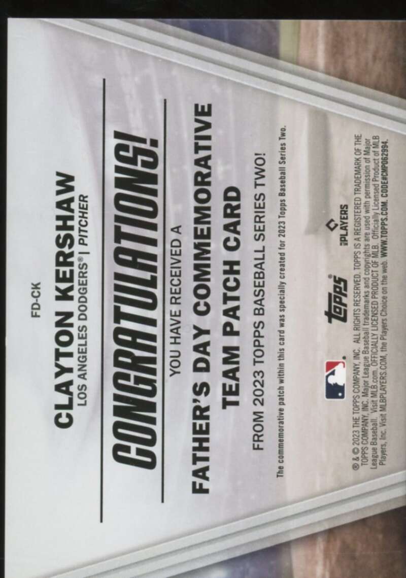 Clayton Kershaw Card 2023 Topps Father's Day Commemorative Team Patches #FDCK  Image 2