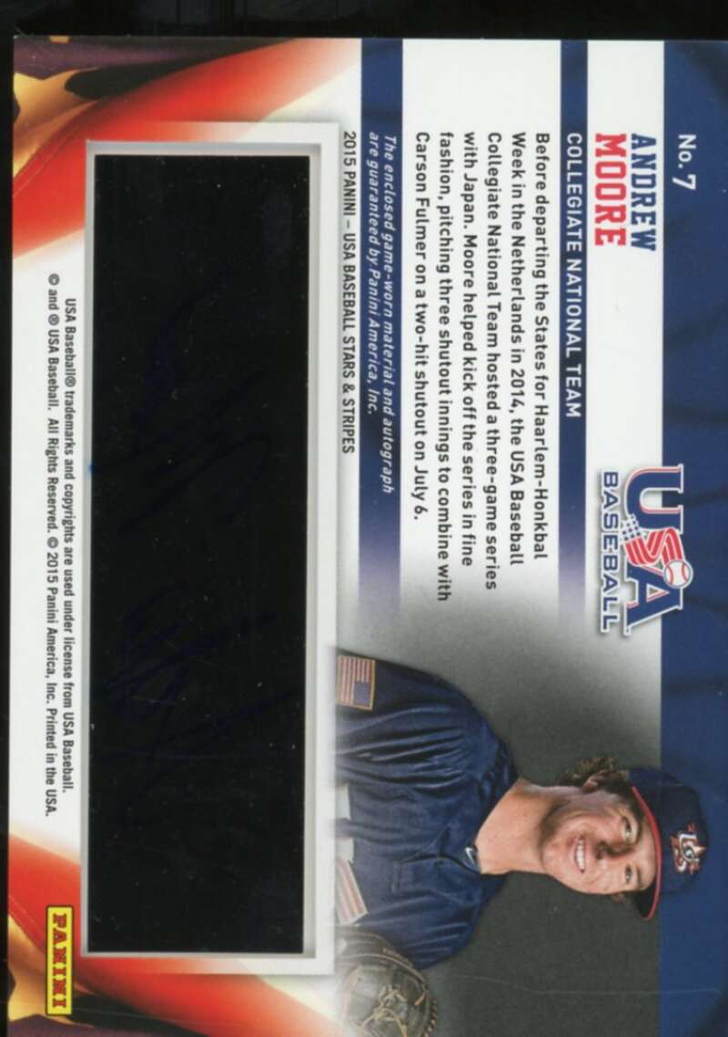 Andrew Moore 2015 USA Baseball Stars Stripes Game Gear Materials Signatures #7  Image 2