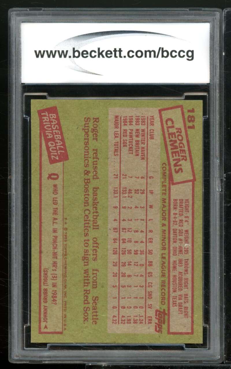 1985 Topps #181 Roger Clemens Rookie Card BGS BCCG 9 Near Mint+ Image 2