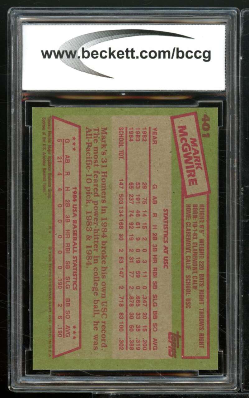 1985 Topps #401 Mark McGwire Rookie Card BGS BCCG 9 Near Mint+ Image 2