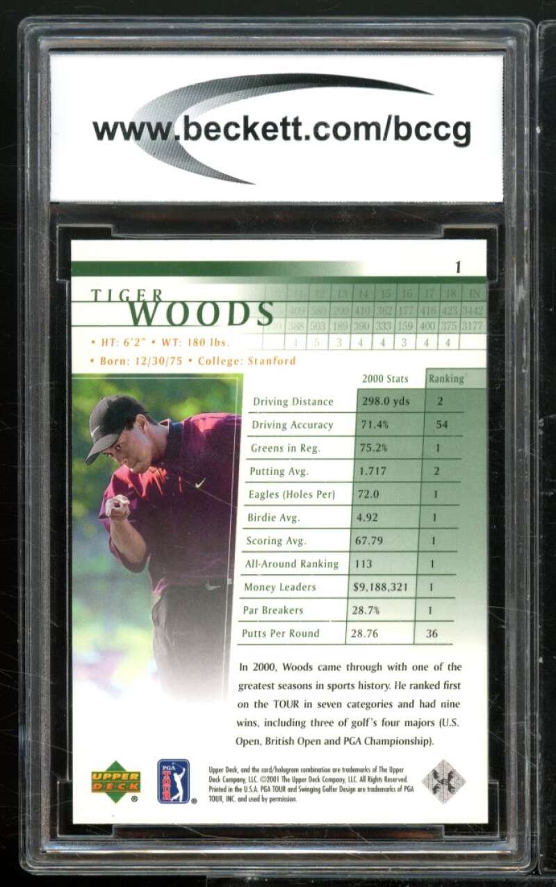 2001 Upper Deck #1 Tiger Woods Golf Rookie Card BGS BCCG 10 Mint+ Image 2