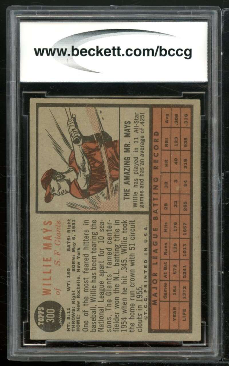 1962 Topps #300 Willie Mays Card BGS BCCG 8 Excellent+ Image 2