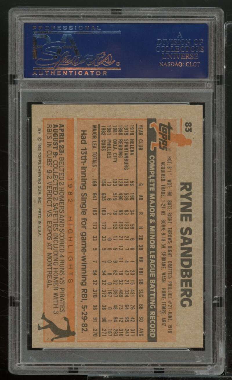 Ryne Sandberg Rookie Card 1983 Topps #83 PSA 9 Image 2