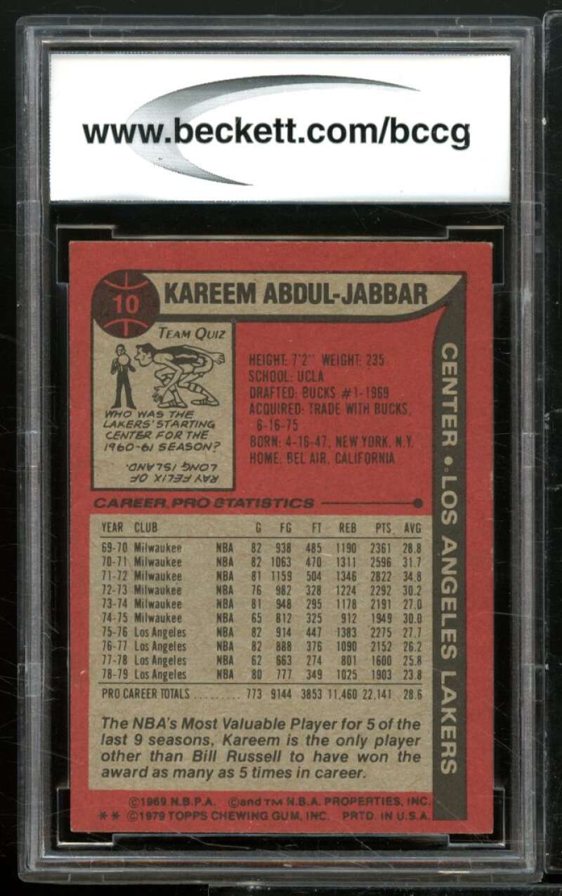 1979-80 Topps #10 Kareem Abdul-Jabbar Card BGS BCCG 8 Excellent+ Image 2