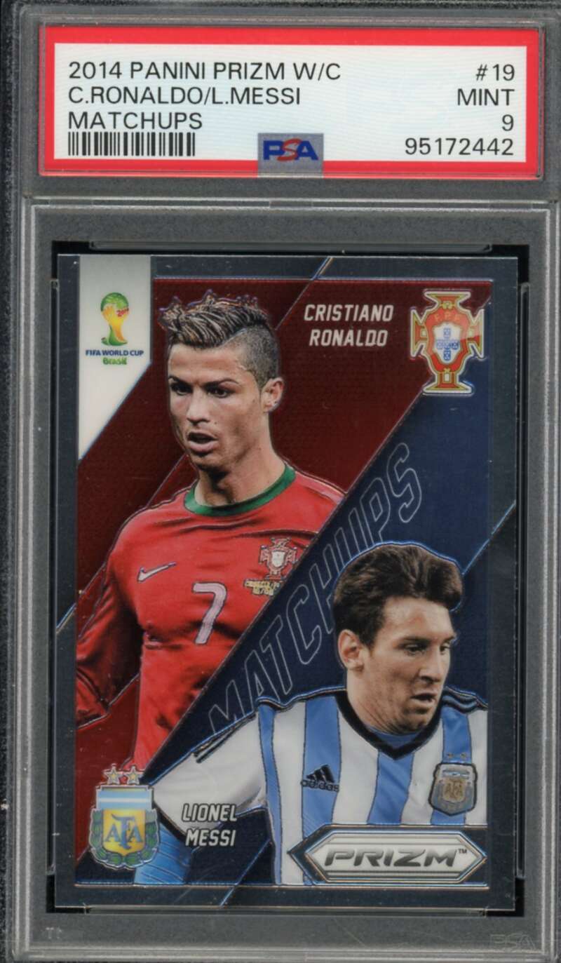 Cristiano Ronaldo/Lionel Messi Card 2014 Panini Prizm W/C #19 PSA 9 Image 1