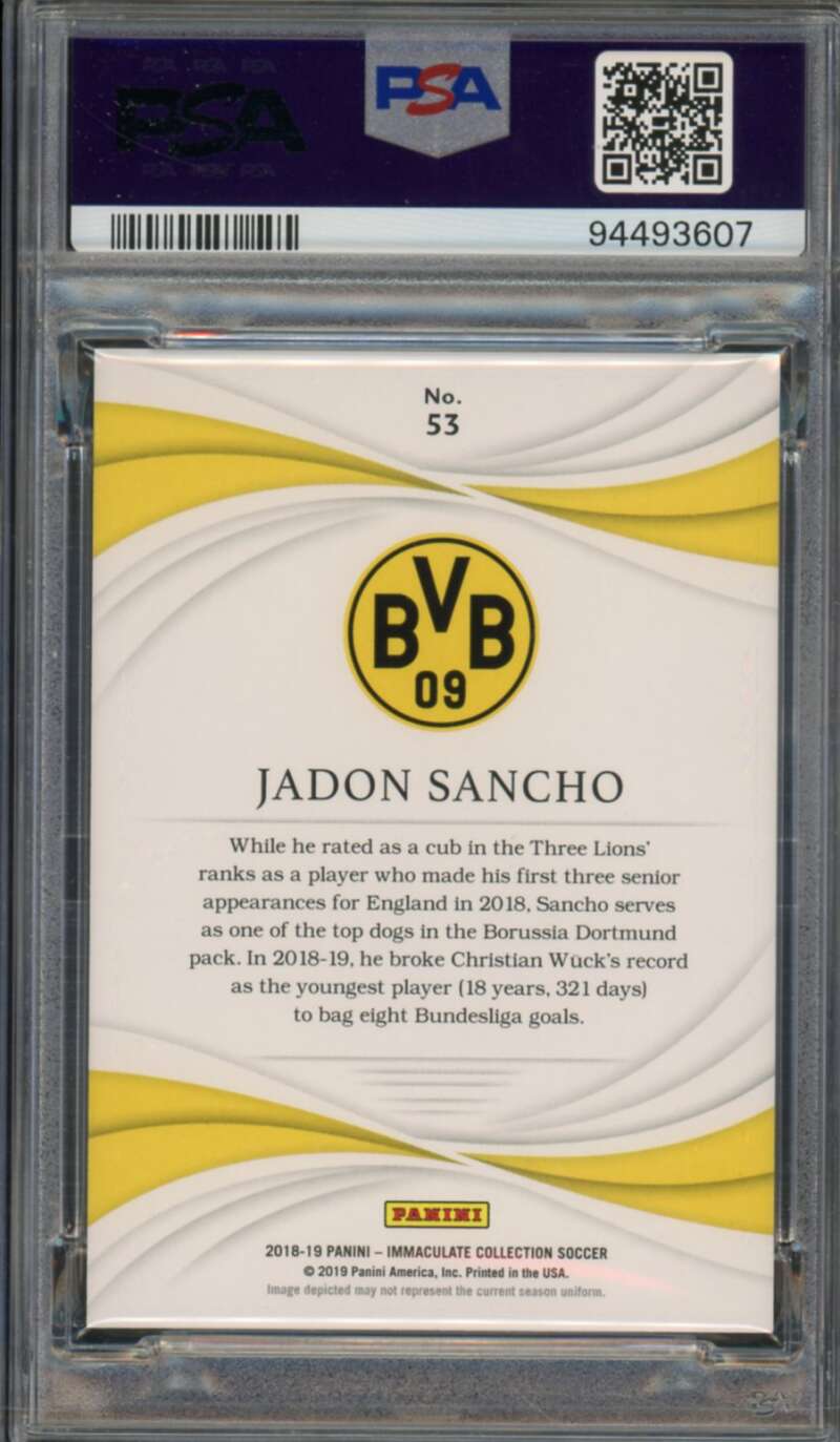 Jadon Sancho Rookie Card 2018-19 Panini Immaculate #53 PSA 9 Image 2