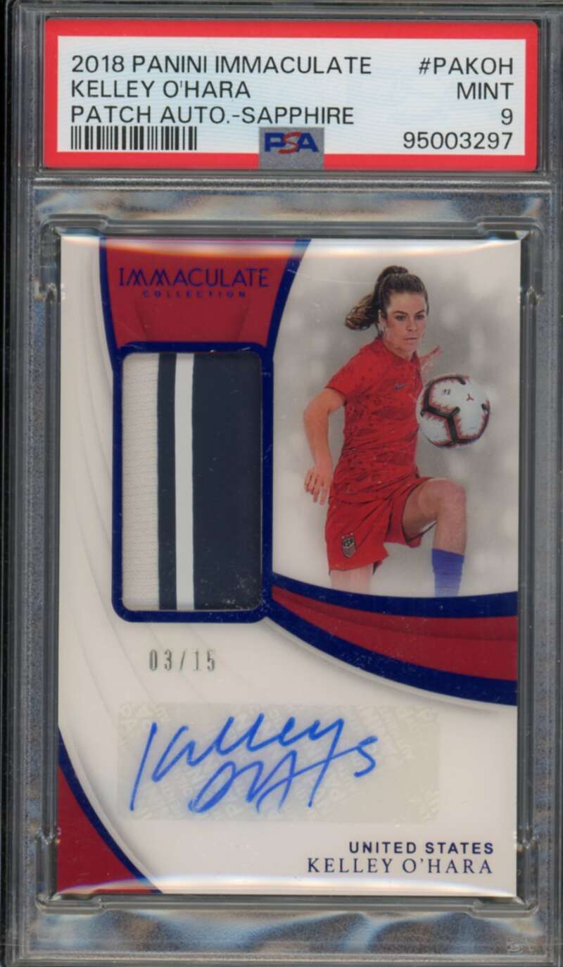 Kelley O'Hara Card 2018 Panini Immaculate Patch Auto Sapphire (3/15) #PA PSA 9 Image 1