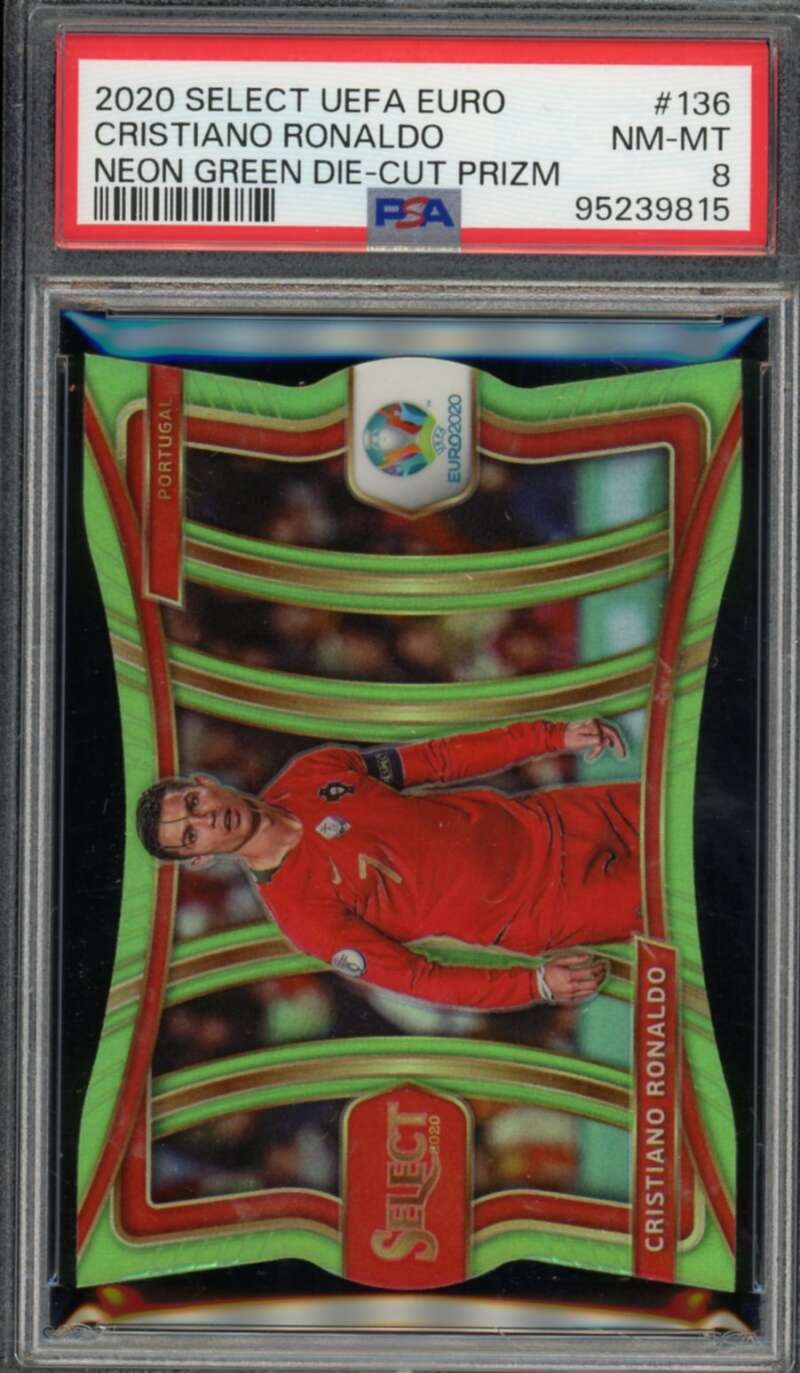 Cristiano Ronaldo Card 2020 Select UEFA Euro Neon Green Die-Cut Prizm #136 PSA 8 Image 1