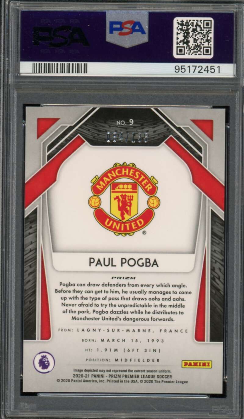 Paul Pogba Card 2020-21 Panini Prizm P/L Red Mojo Prizm (pop 1) #9 PSA 9 Image 2