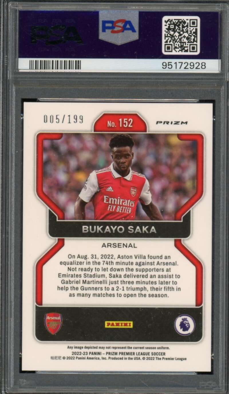 Bukayo Saka Card 2022-23 Prizm P/L Gem Pink Prizm (pop 3) #152 PSA 10 Image 2