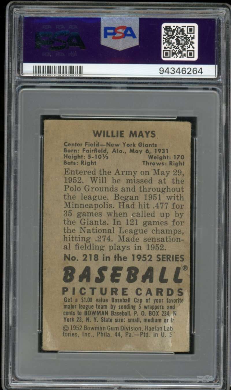 Willie Mays Card 1952 Bowman #218 PSA 1 Image 2