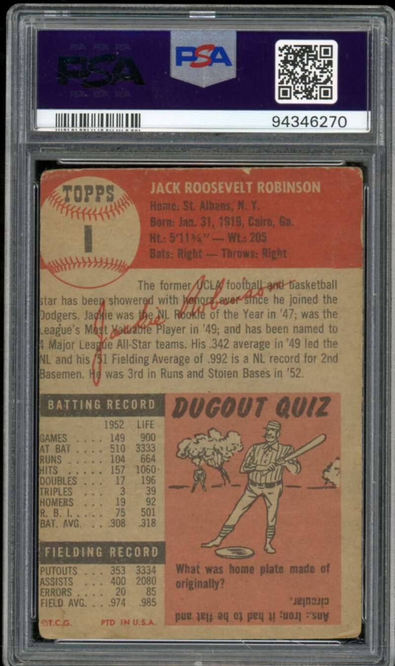 Jackie Robinson Card 1953 Topps #1 PSA 1.5 MC Image 2