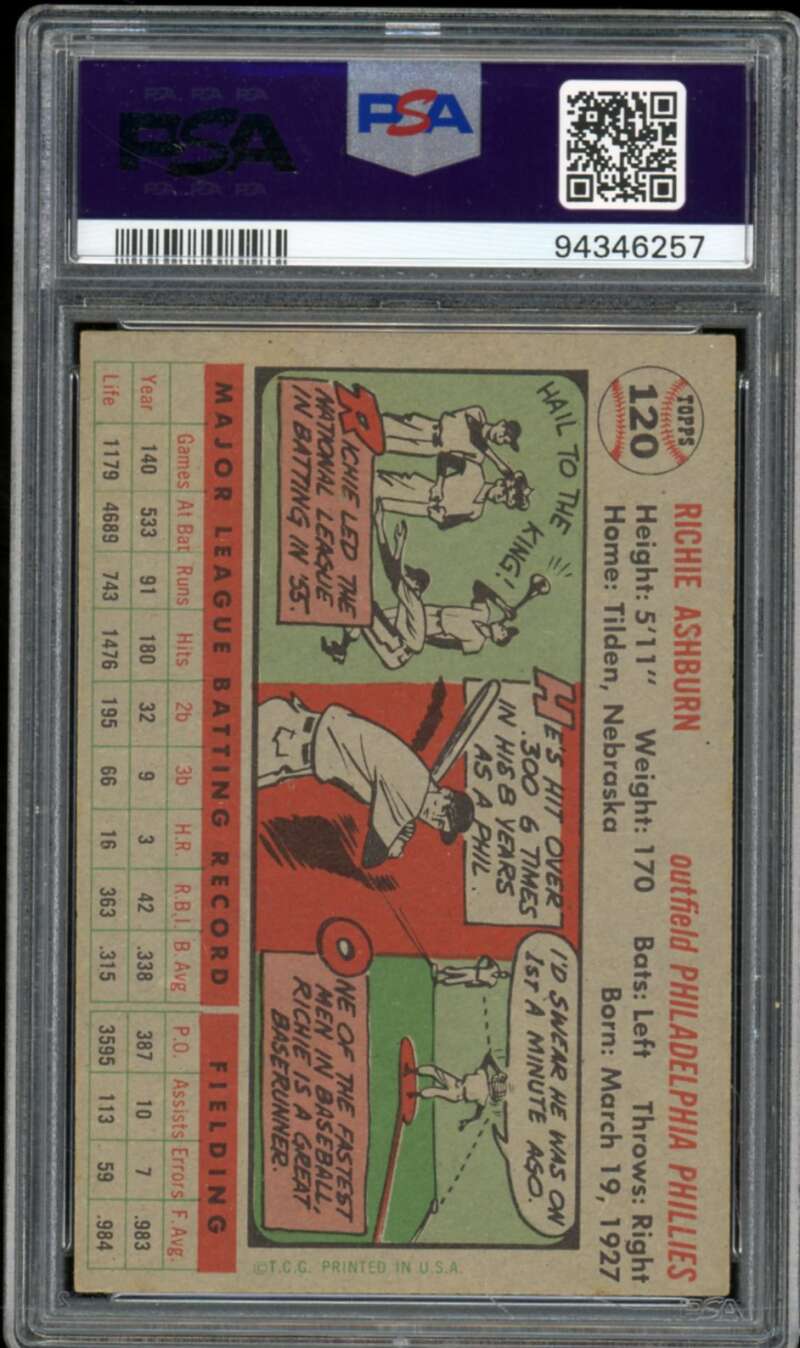 Richie Ashburn Card 1956 Topps #120 PSA 6 Image 2