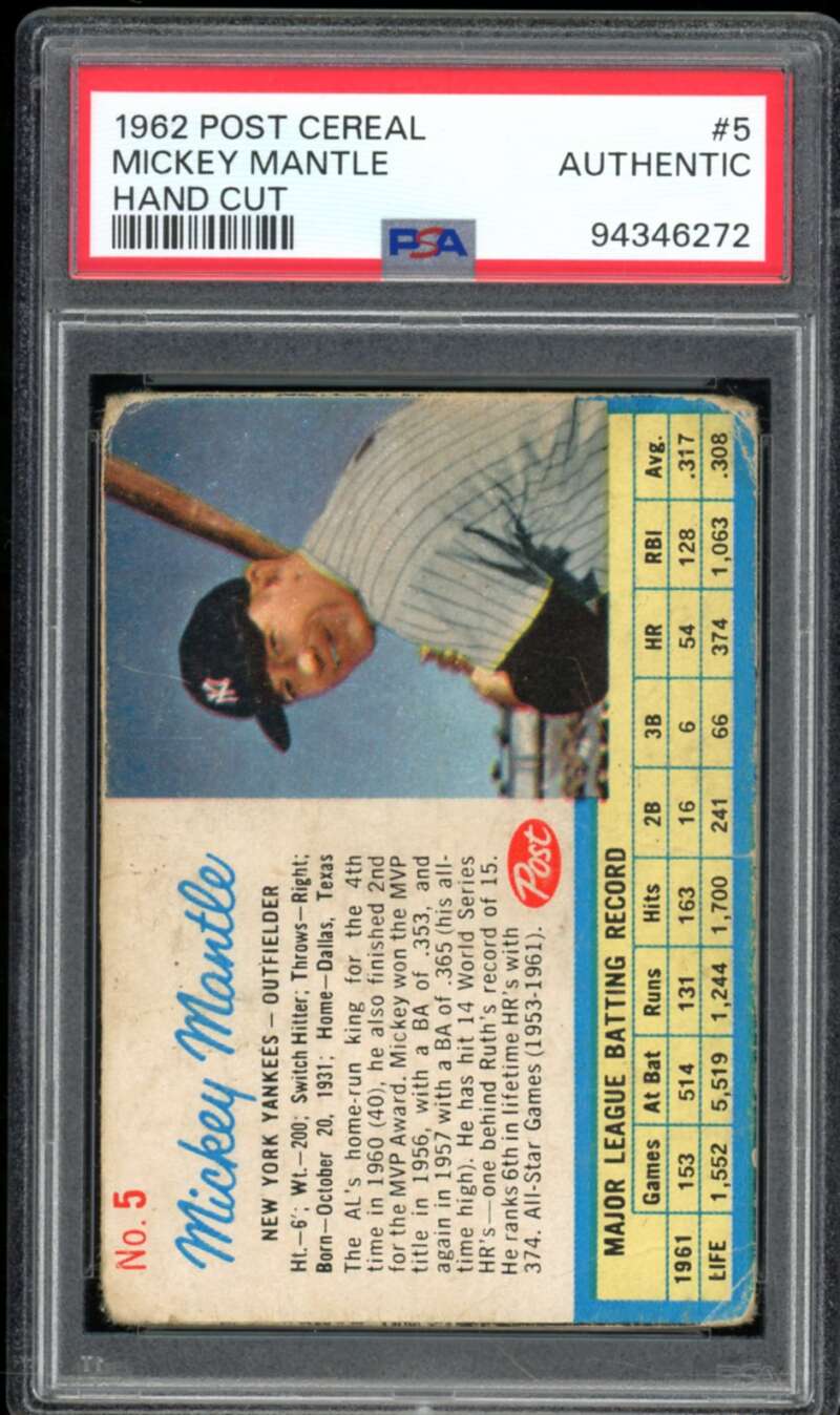 Mickey Mantle Card 1962 Post Cereal Hand Cut #5 PSA Authentic Image 1