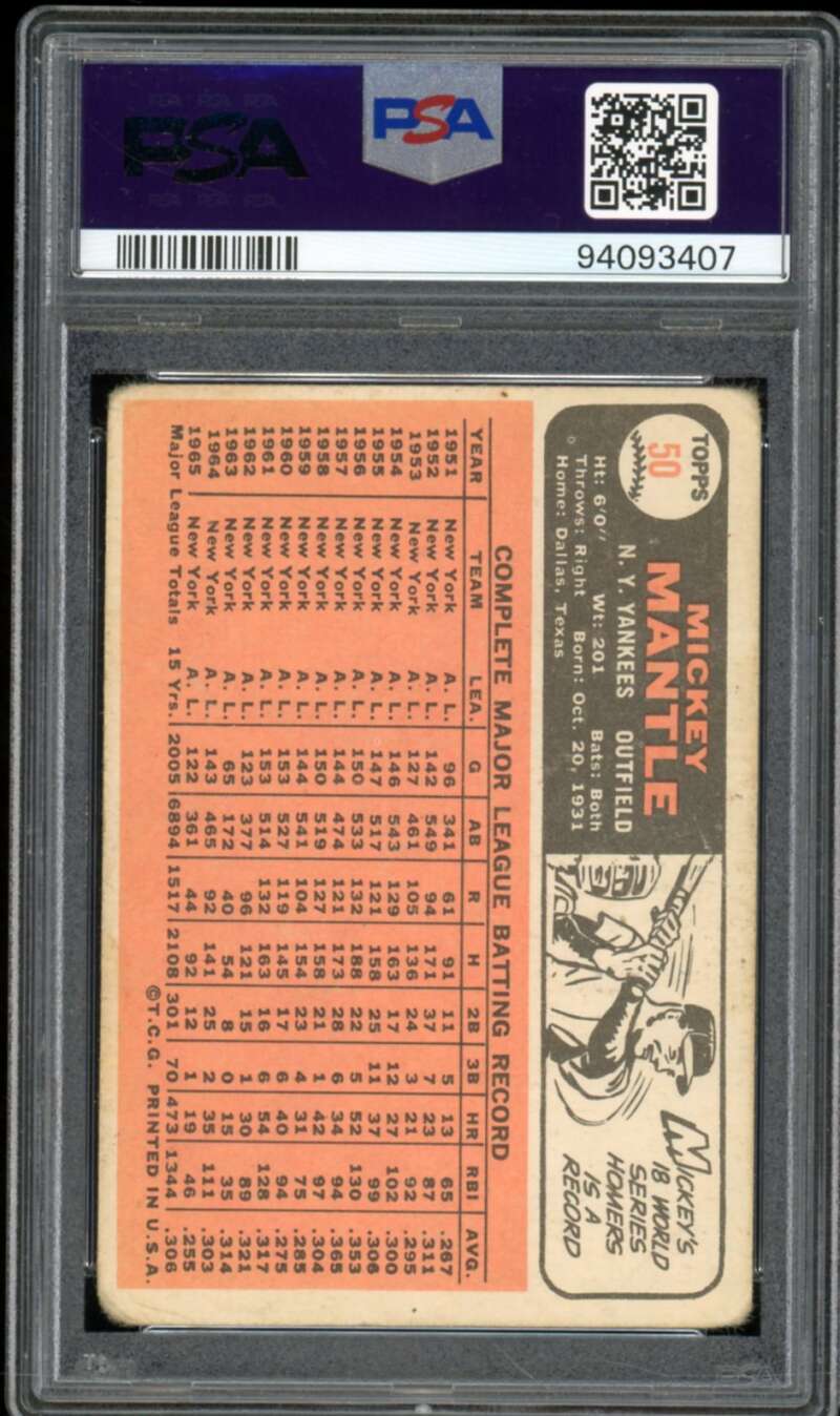 Mickey Mantle Card 1966 Topps #50 PSA 1 Image 2