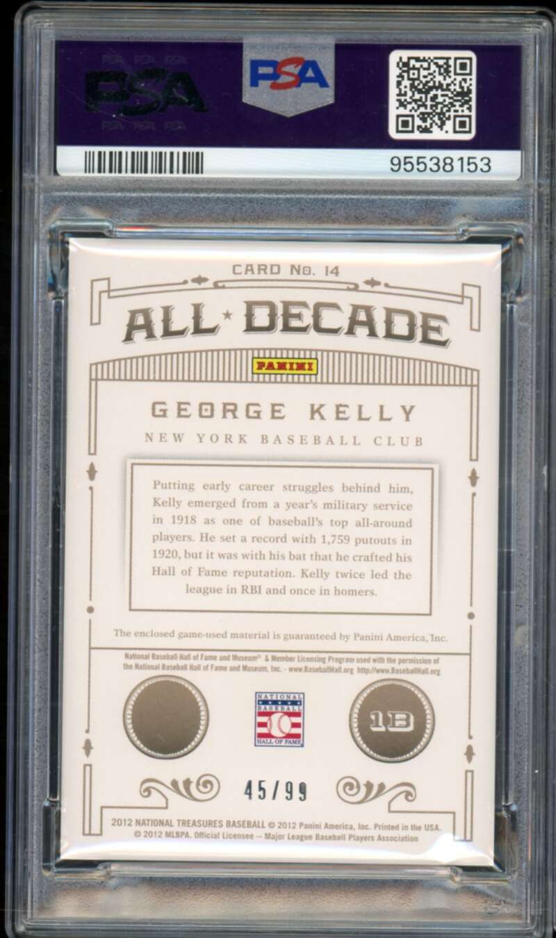 George Kelly Card 2012 Panini National Treasures (pop 2) #14 PSA 9 Image 2