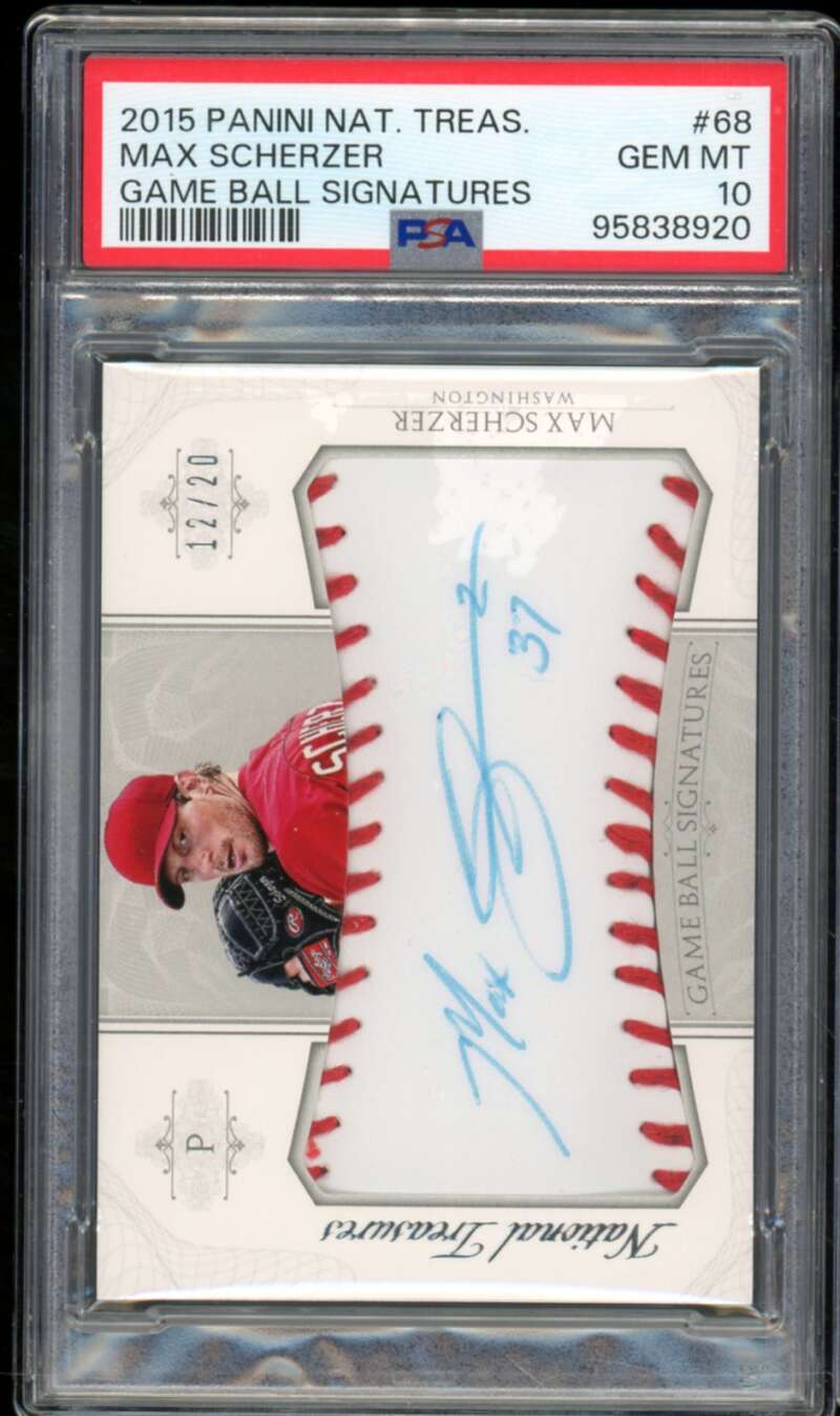 Max Scherzer 2015 National Treasures Game Ball Signatures (12/20) #68 PSA 10 Image 1