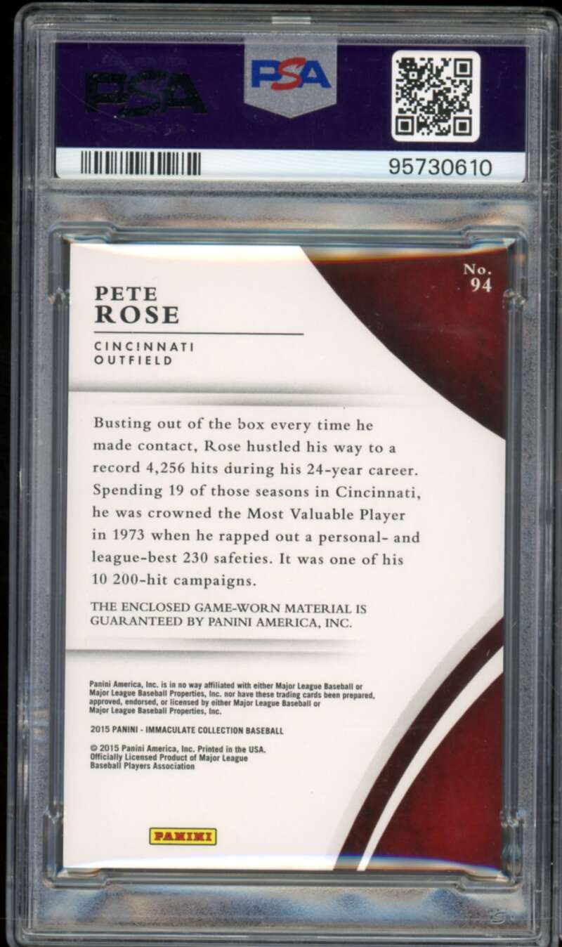 Pete Rose Card 2015 Panini Immaculate Swatches (pop 2) #94 PSA 8 Image 2