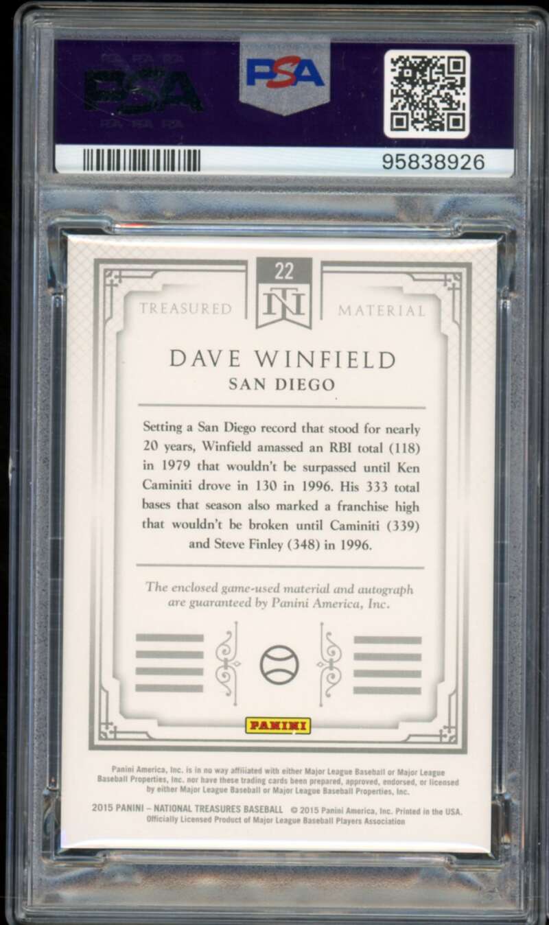 Dave Winfield 2015 National Treasures Material Auto (4/10) (pop 1) #22 PSA 9 Image 2