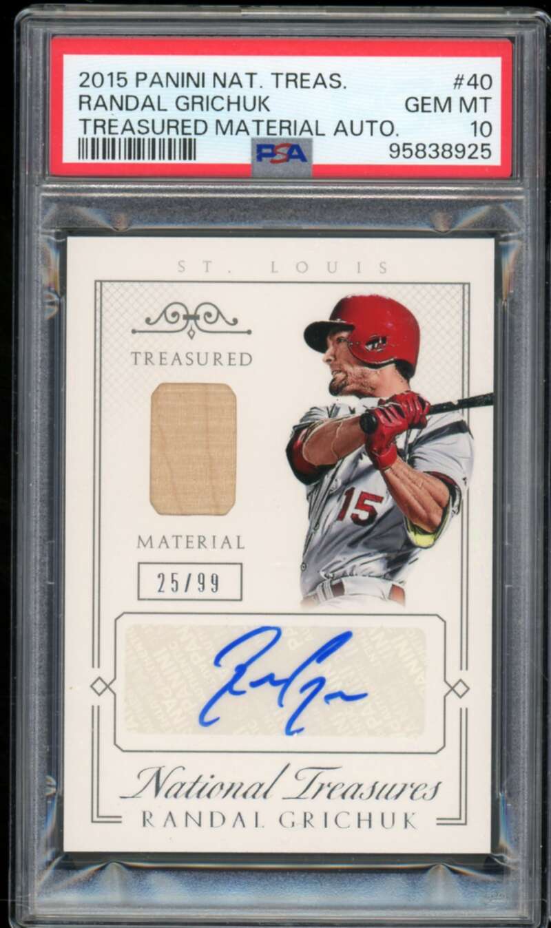 Randal Grichuk Card 2015 National Treasures Treasured Material Auto #40 PSA 10 Image 1