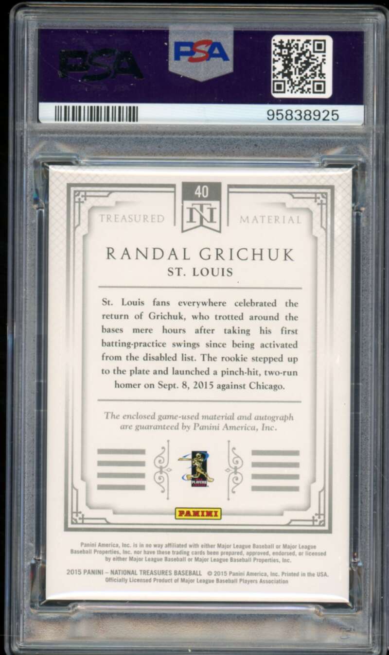 Randal Grichuk Card 2015 National Treasures Treasured Material Auto #40 PSA 10 Image 2