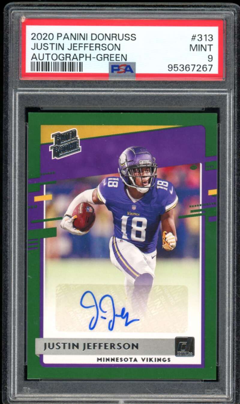 Justin Jefferson Rookie 2020 Panini Donruss Autograph green (pop 1) #313 PSA 9 Image 1