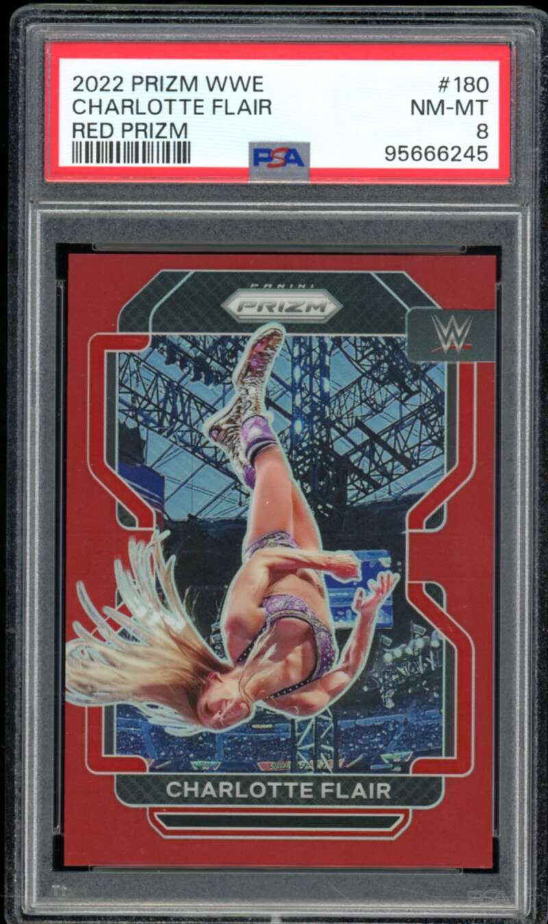 Charlotte Flair Card 2022 Prizm WWE Red Prizm #180 PSA 8 Image 1