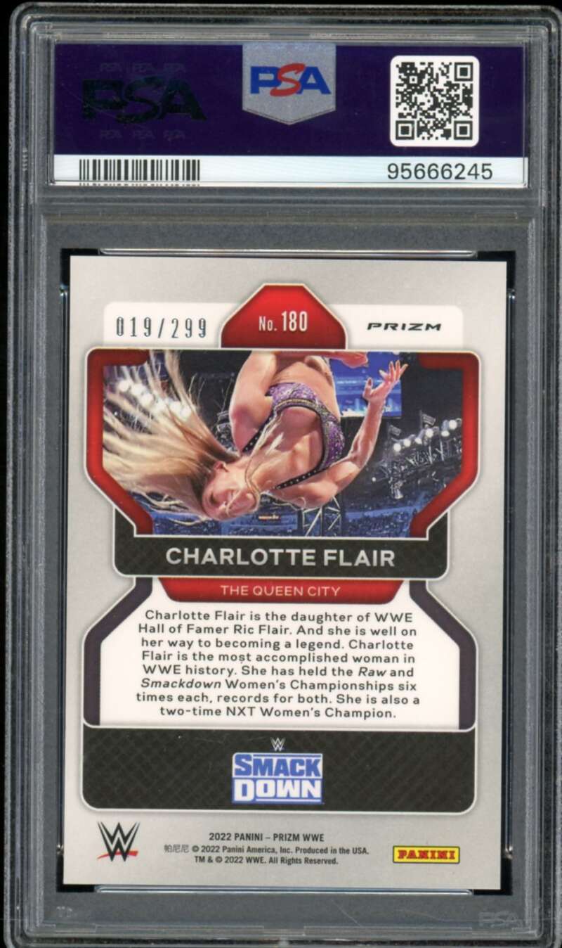 Charlotte Flair Card 2022 Prizm WWE Red Prizm #180 PSA 8 Image 2