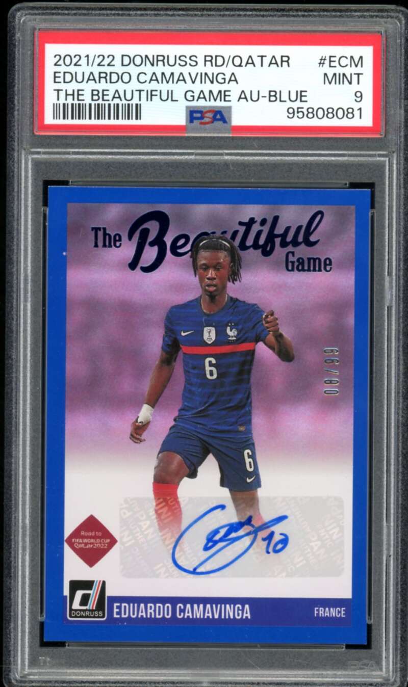 Eduardo Camavinga Card 2021-22 Donruss Qatar Beautiful Game Auto Blue #ECM PSA 9 Image 1