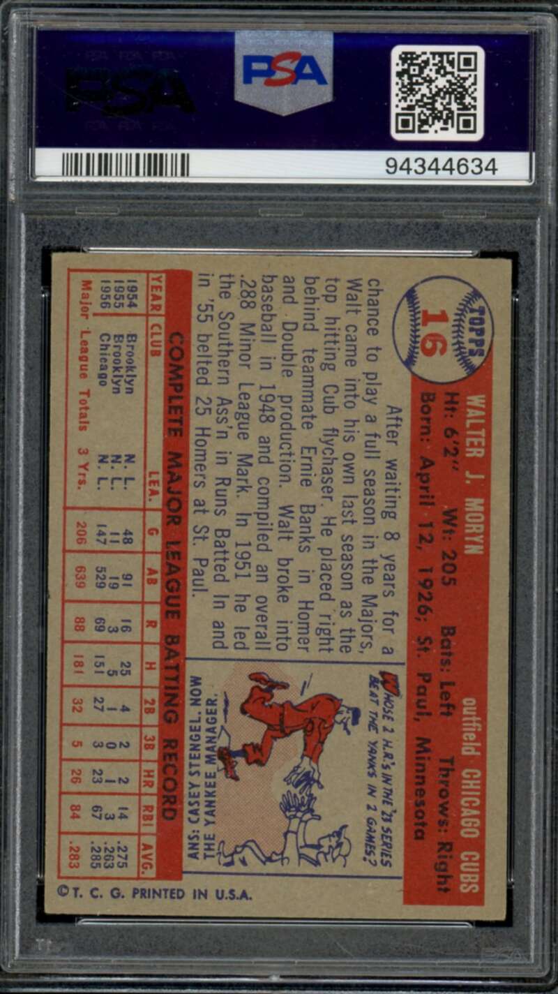 Walt Moryn Card 1957 Topps #16 PSA 5 Image 2