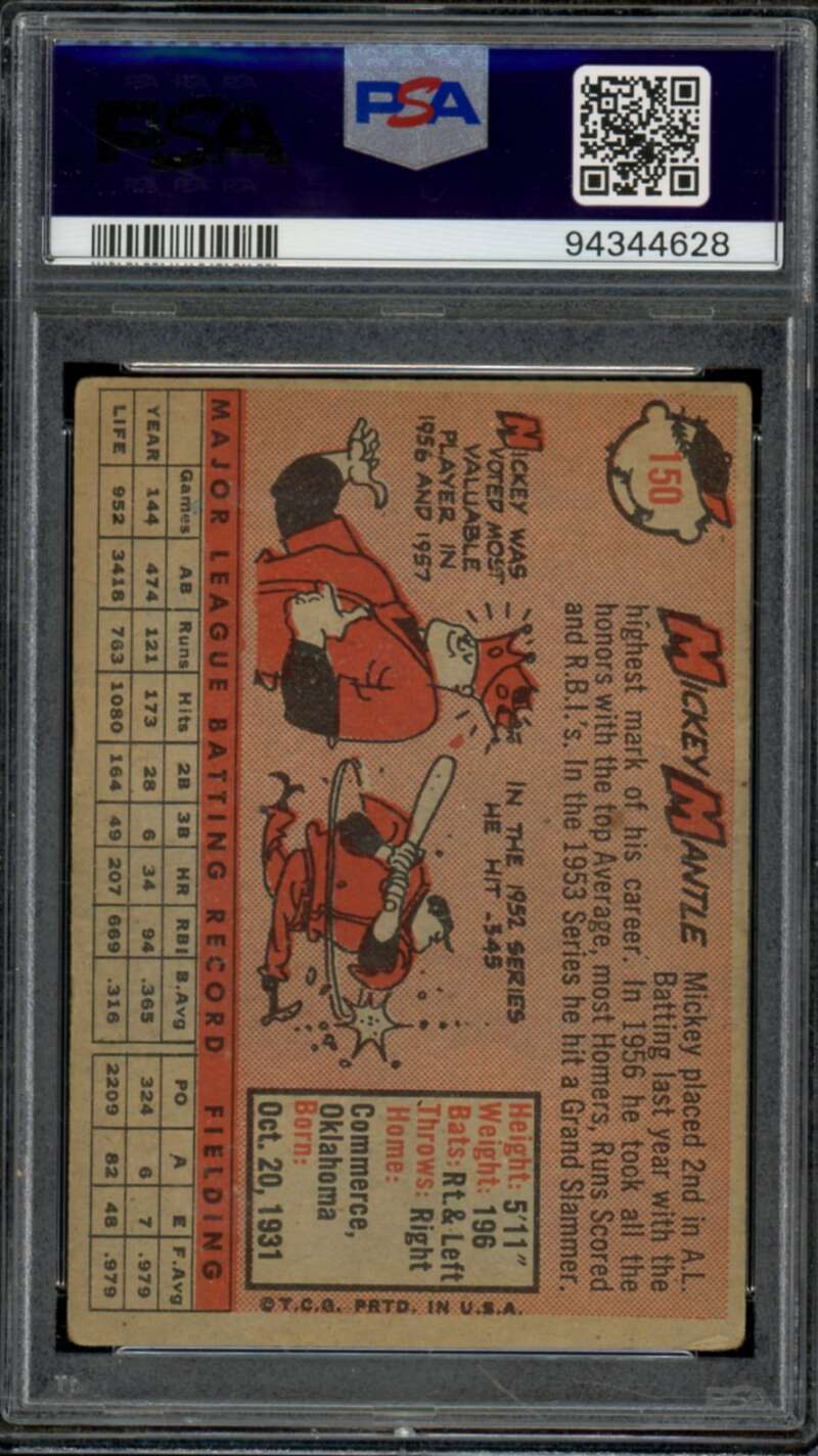 Mickey Mantle Card 1958 Topps #150 PSA 1.5 Image 2